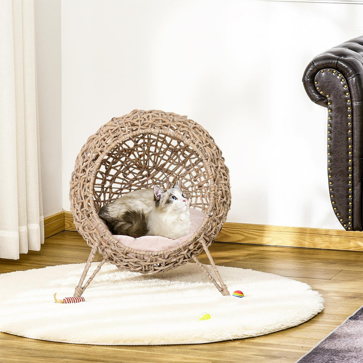 Cat House Made Of Pe Rattan With Cushions, Cat Sleeping Area, Cat Cave With Raised Feet, Natural, Ø52 X 58 Cm
