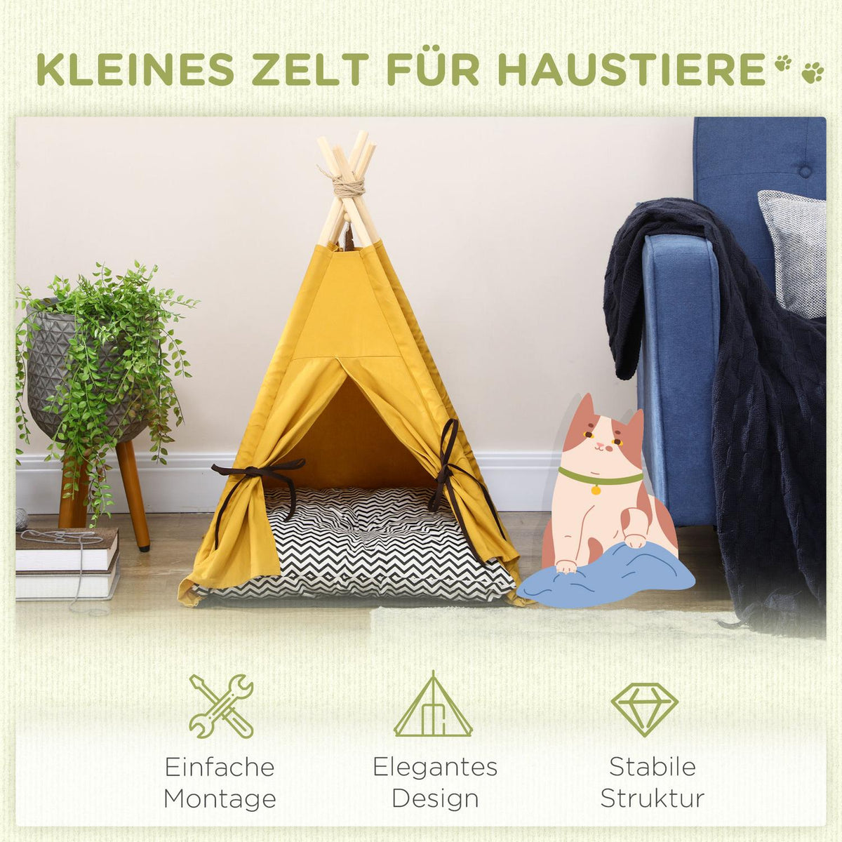 Cat House Tipi Tent Dog Bed With Cushion Non-Slip With Play Ball Made Of Pine Wood Indoor In Yellow