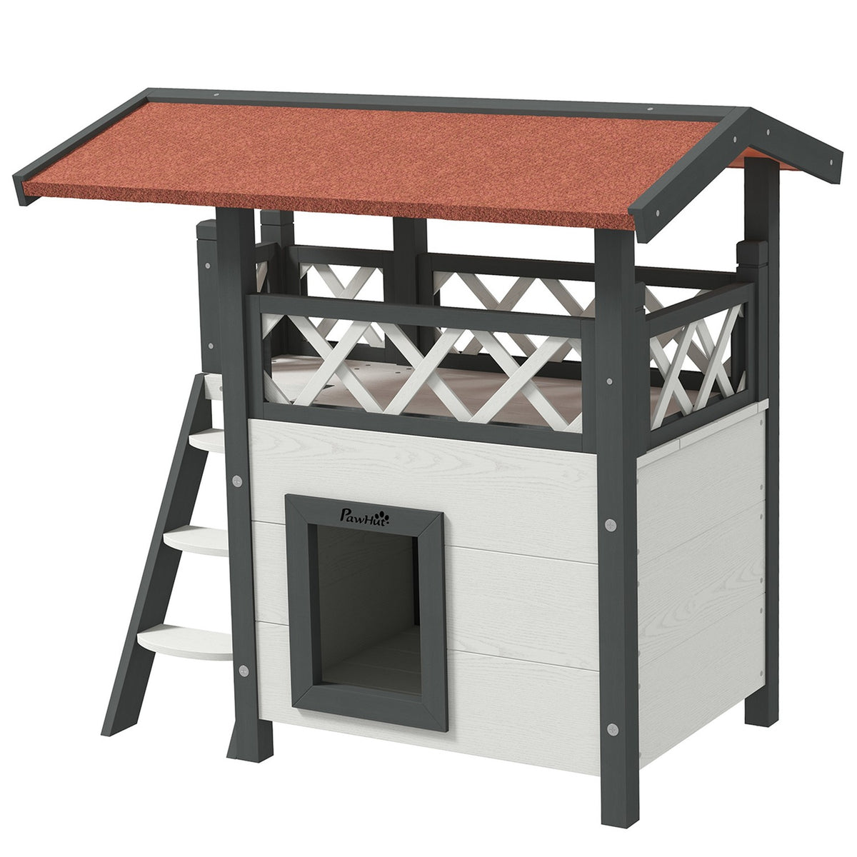 Cat House With Asphalt Roof, 2-Tier Cat House With Balcony, Cat Villa With Stairs, Solid Wood, White, 77 X 50 X 73 Cm