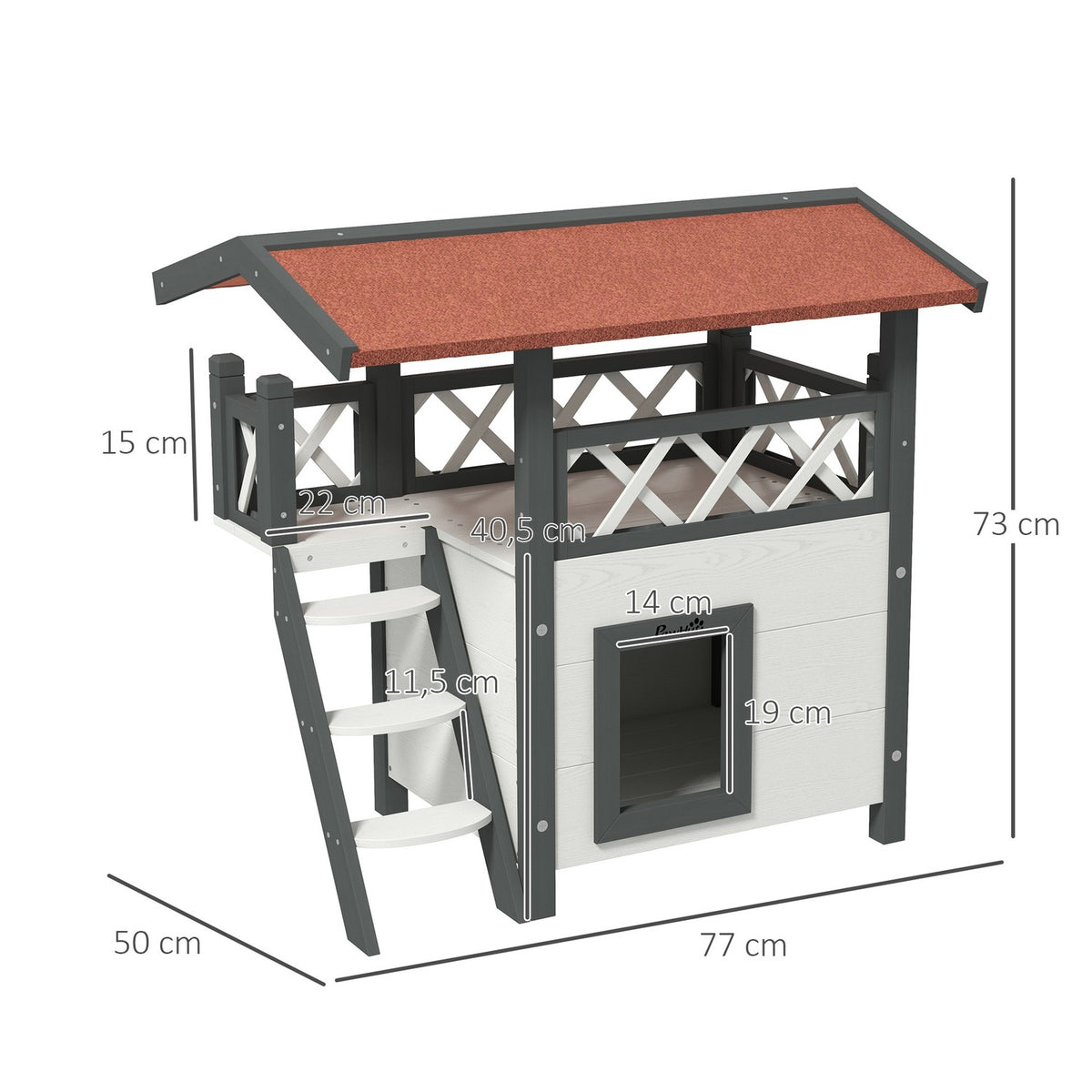 Cat House With Asphalt Roof, 2-Tier Cat House With Balcony, Cat Villa With Stairs, Solid Wood, White, 77 X 50 X 73 Cm