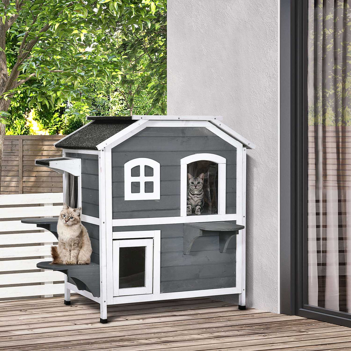 Cat House With Asphalt Roof Weatherproof Outdoor Cat House With Stairs, 2 Levels, Fir Wood, Gray, 78X55.5X91Cm