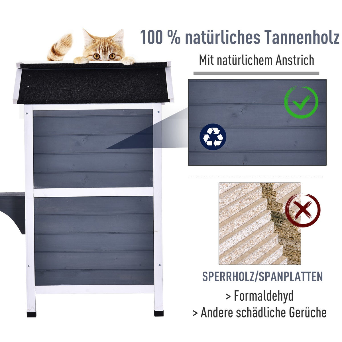 Cat House With Asphalt Roof Weatherproof Outdoor Cat House With Stairs, 2 Levels, Fir Wood, Gray, 78X55.5X91Cm