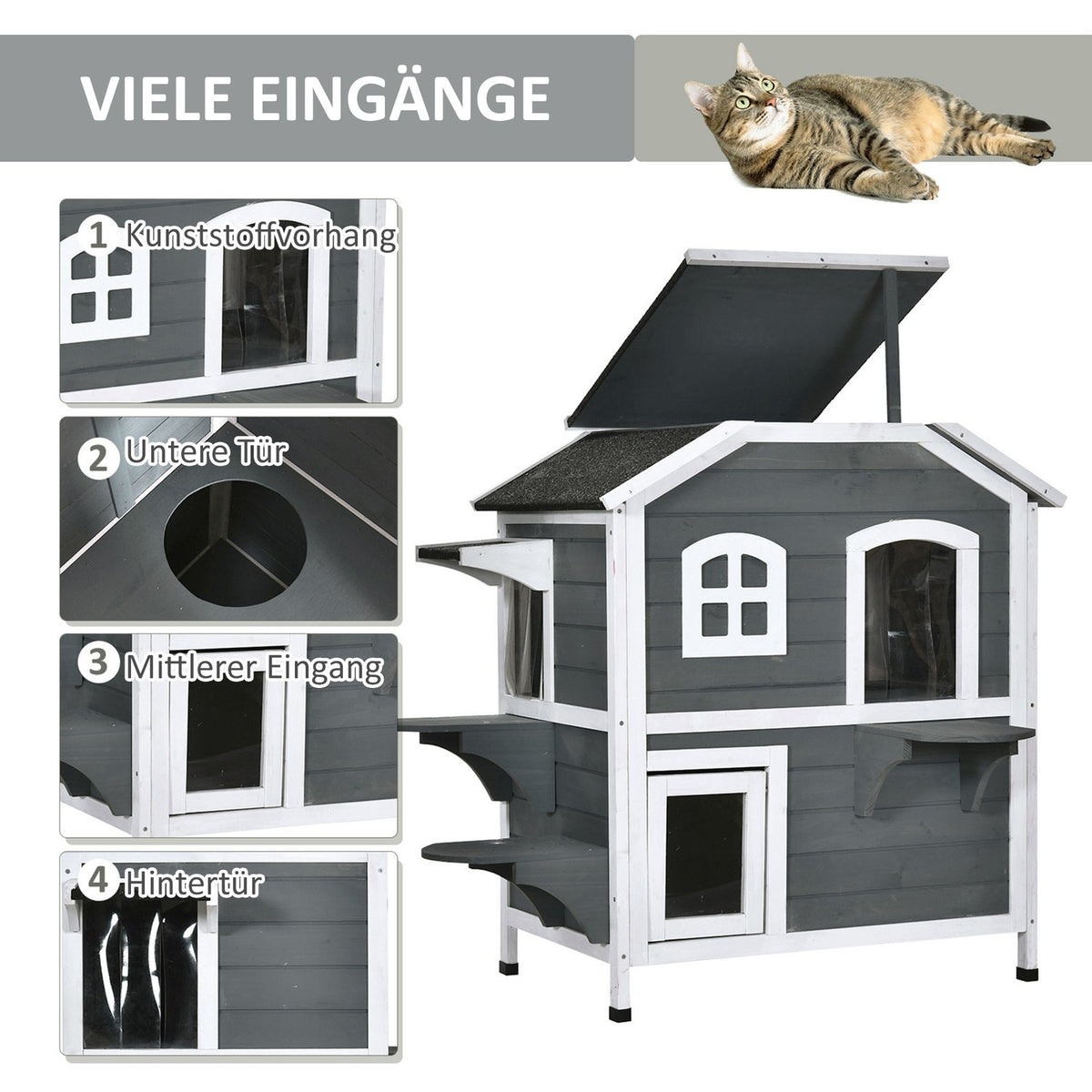 Cat House With Asphalt Roof Weatherproof Outdoor Cat House With Stairs, 2 Levels, Fir Wood, Gray, 78X55.5X91Cm