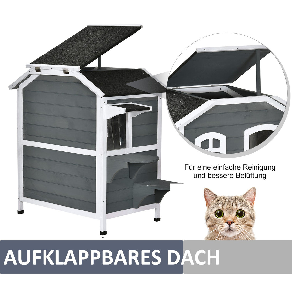 Cat House With Asphalt Roof Weatherproof Outdoor Cat House With Stairs, 2 Levels, Fir Wood, Gray, 78X55.5X91Cm