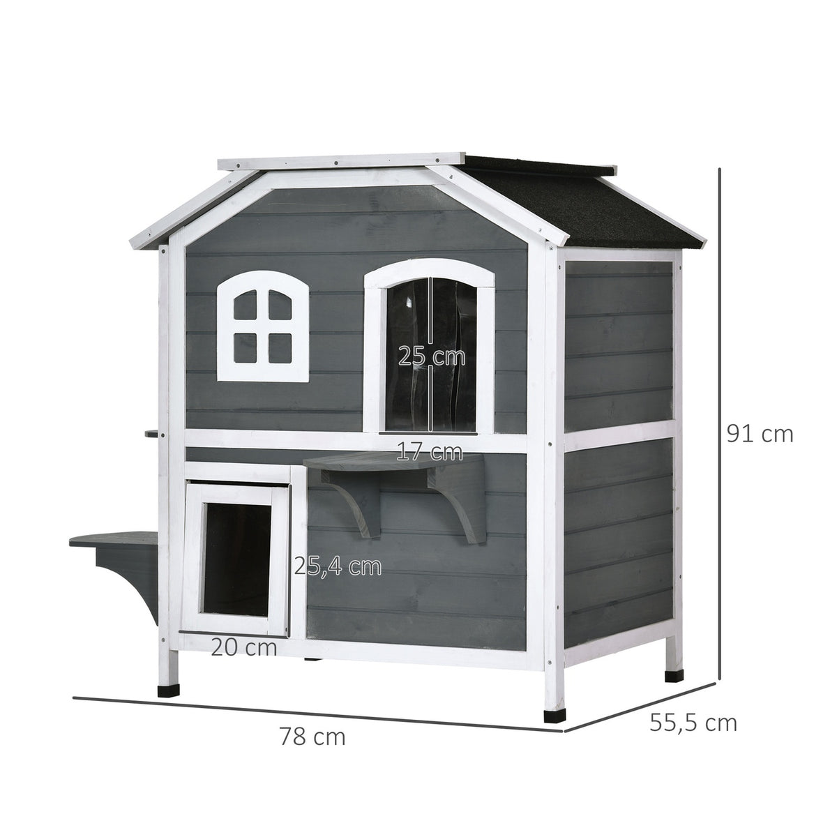 Cat House With Asphalt Roof Weatherproof Outdoor Cat House With Stairs, 2 Levels, Fir Wood, Gray, 78X55.5X91Cm
