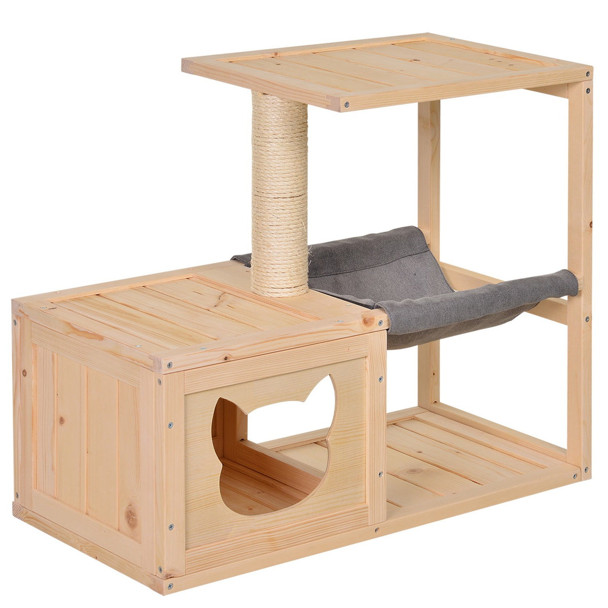 Cat House With Hammock Cat Box With Sisal Trunk, Fir Wood, Natural, 70X35X60Cm