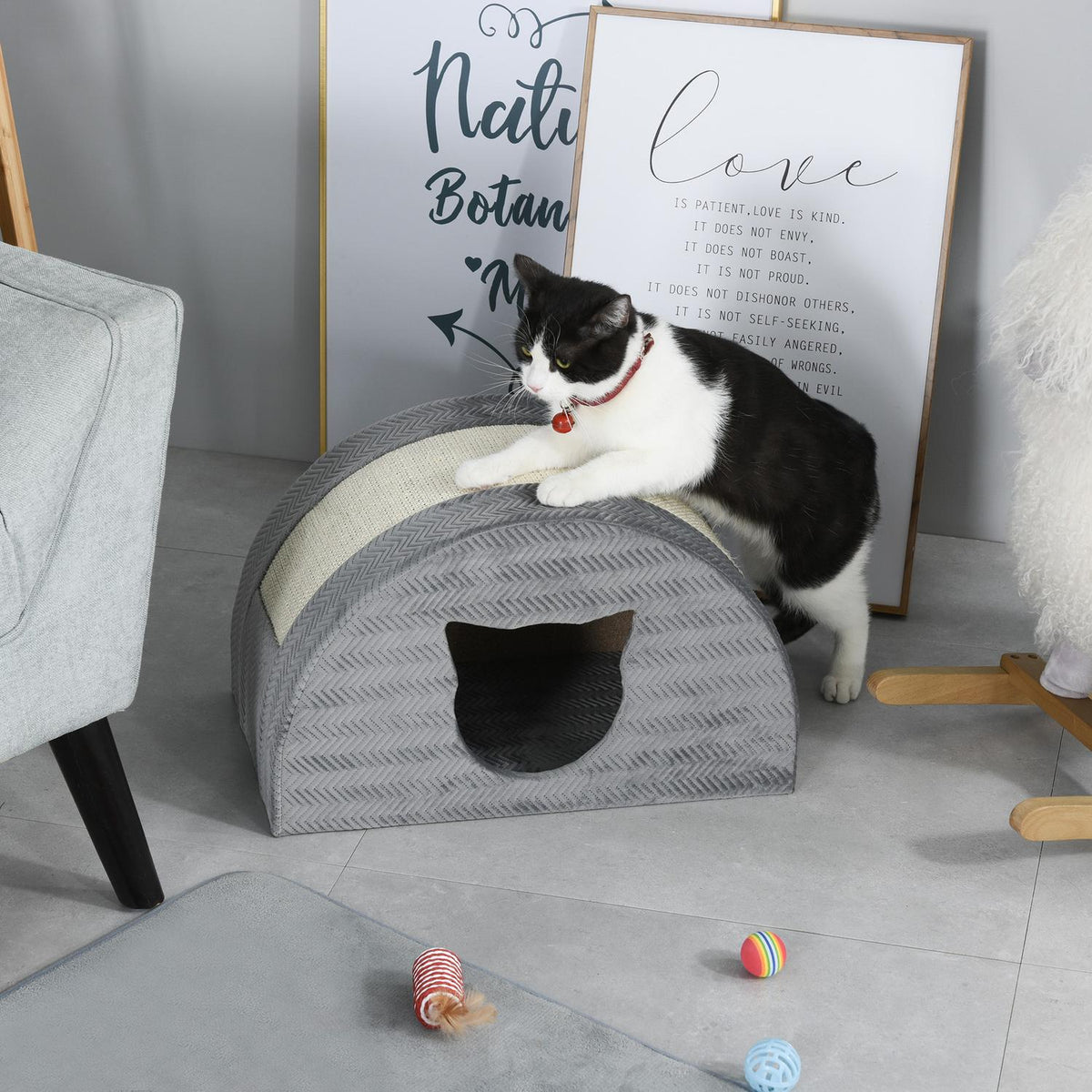 Cat House With Scratching Board, Sisal Gray, Cat Cave, 48.5X30X30Cm