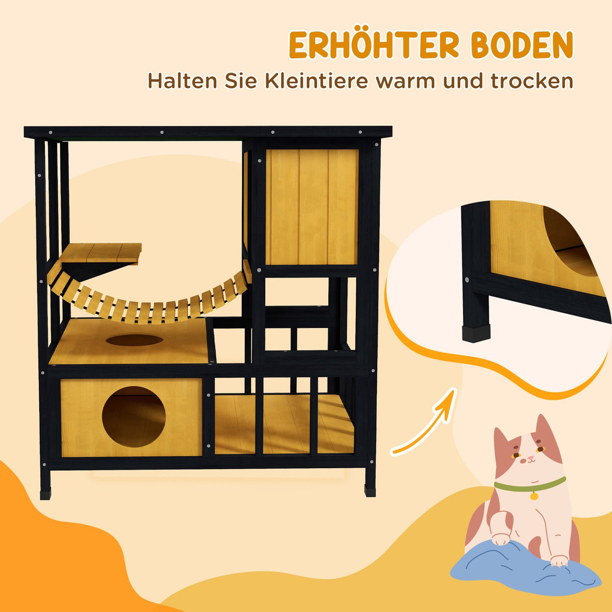 Cat House Wooden Cat Cave Cat Villa Outdoor Hanging Bridge Balcony Platform Waterproof For 1-2 Cats Up To 5Kg Yellow