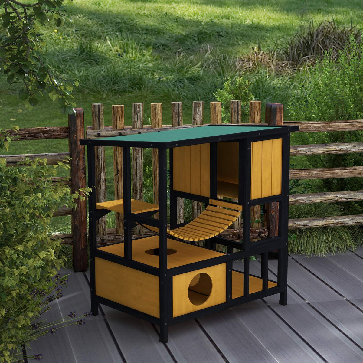 Cat House Wooden Cat Cave Cat Villa Outdoor Hanging Bridge Balcony Platform Waterproof For 1-2 Cats Up To 5Kg Yellow