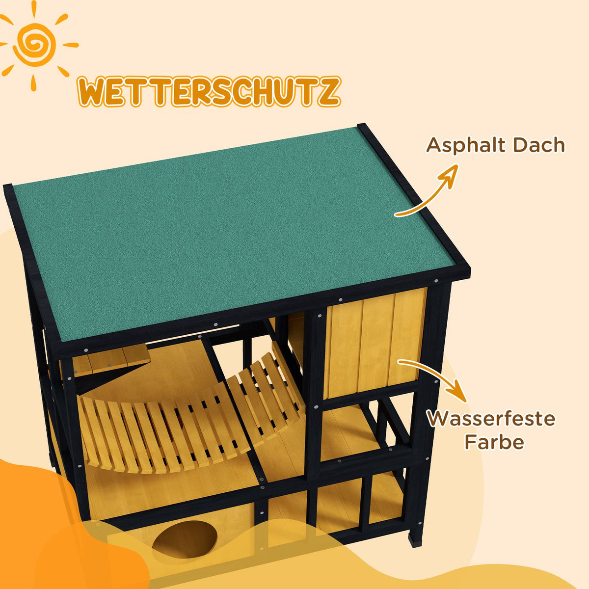 Cat House Wooden Cat Cave Cat Villa Outdoor Hanging Bridge Balcony Platform Waterproof For 1-2 Cats Up To 5Kg Yellow