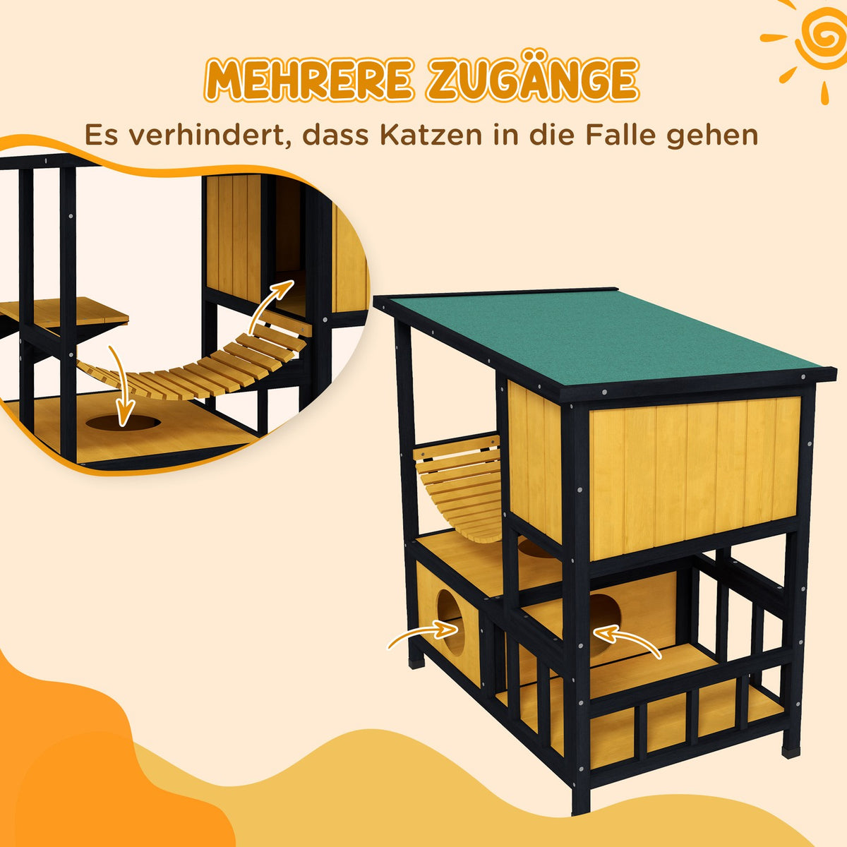 Cat House Wooden Cat Cave Cat Villa Outdoor Hanging Bridge Balcony Platform Waterproof For 1-2 Cats Up To 5Kg Yellow