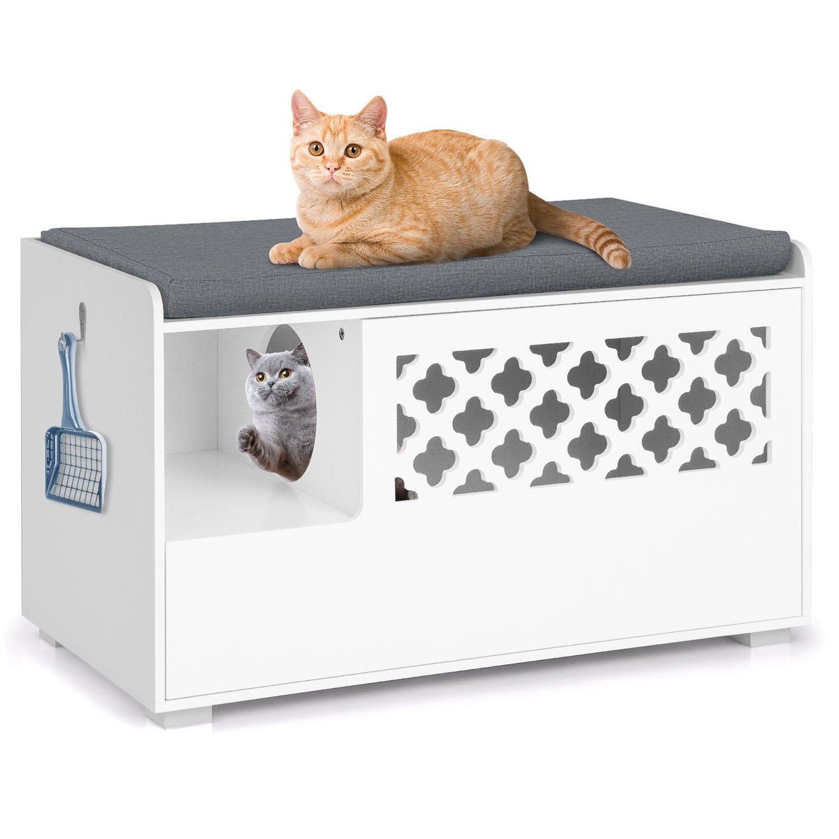 Cat Litter Box Enclosure Bench With Cushion, Front Door, White
