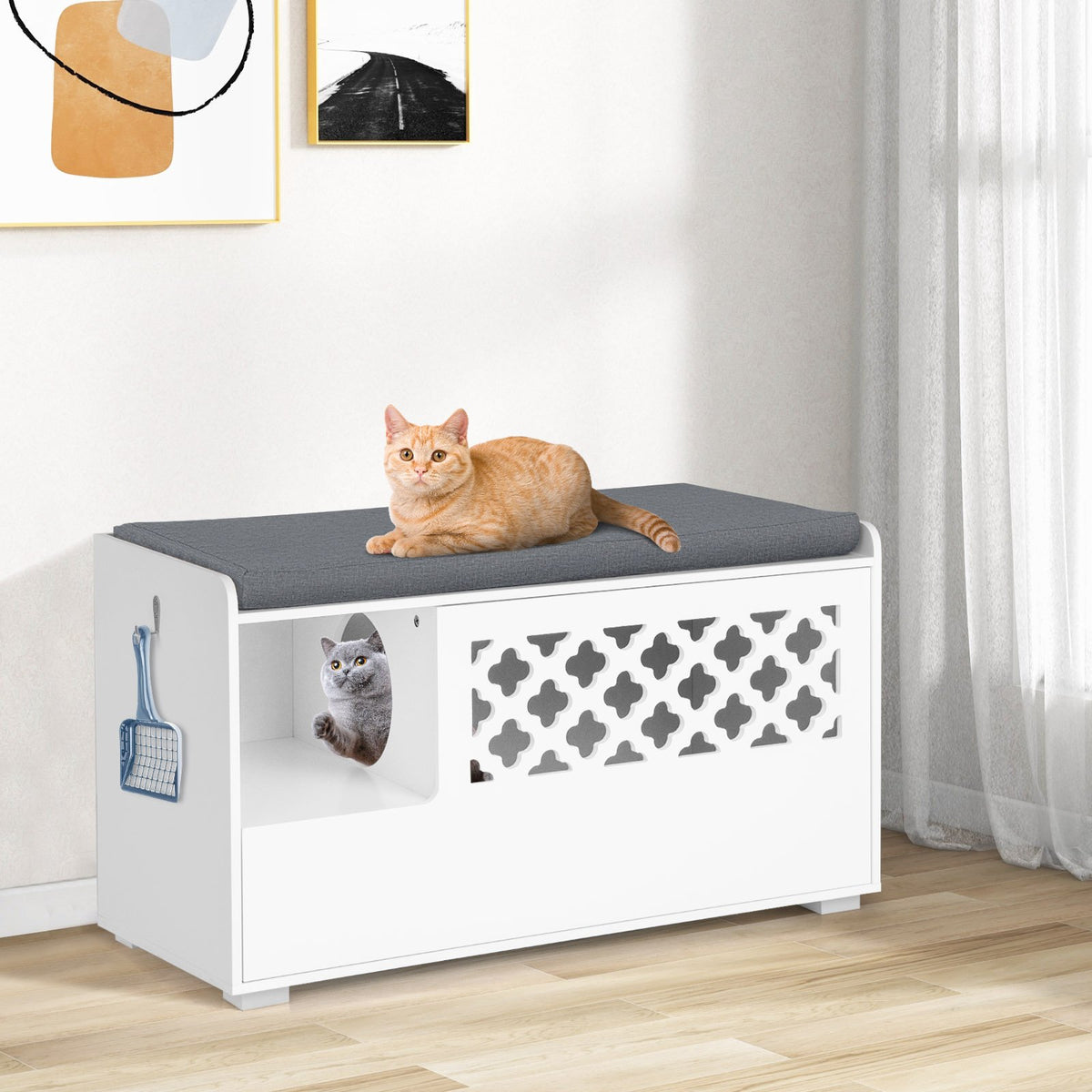 Cat Litter Box Enclosure Bench With Cushion, Front Door, White