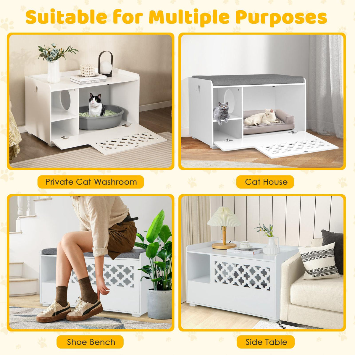 Cat Litter Box Enclosure Bench With Cushion, Front Door, White