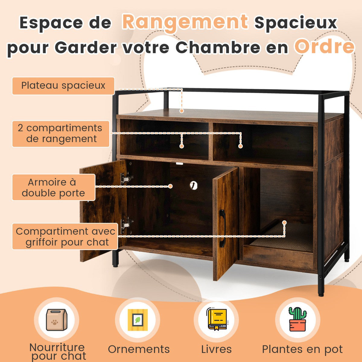 Cat Litter Box Enclosure Cabinet With Storage, Scratcher