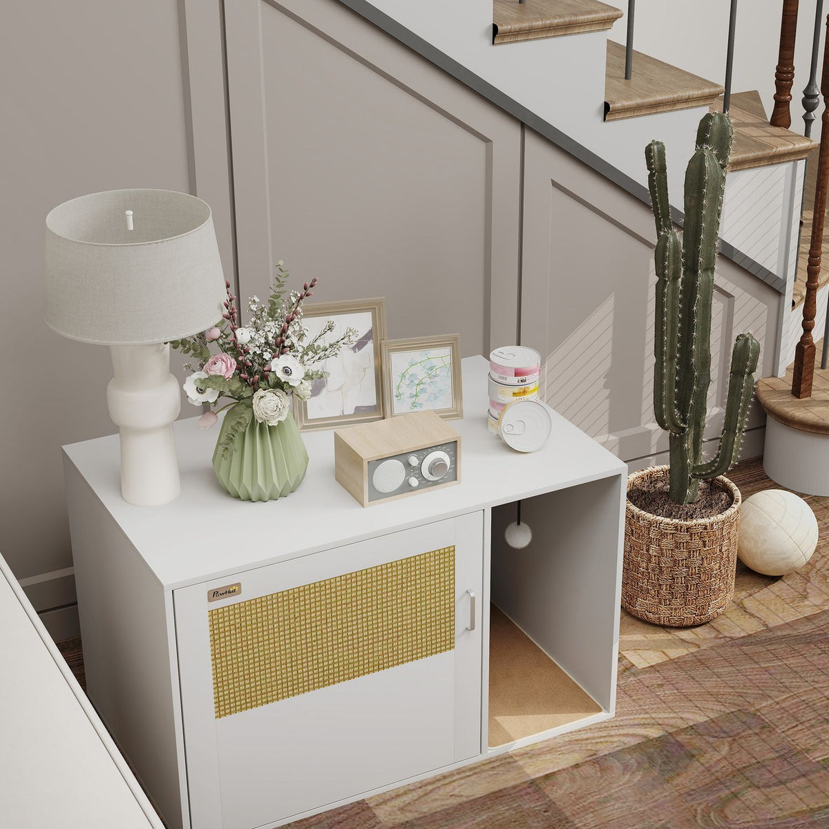 Cat Litter Box Enclosure, Rattan Door, Scratch Pad, White