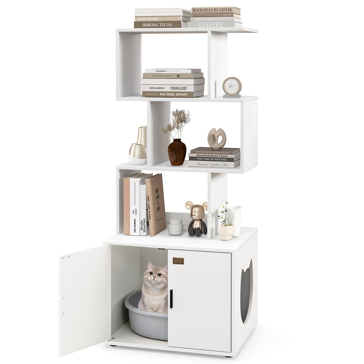 Cat Litter Box Enclosure With 3 Open Shelves, White