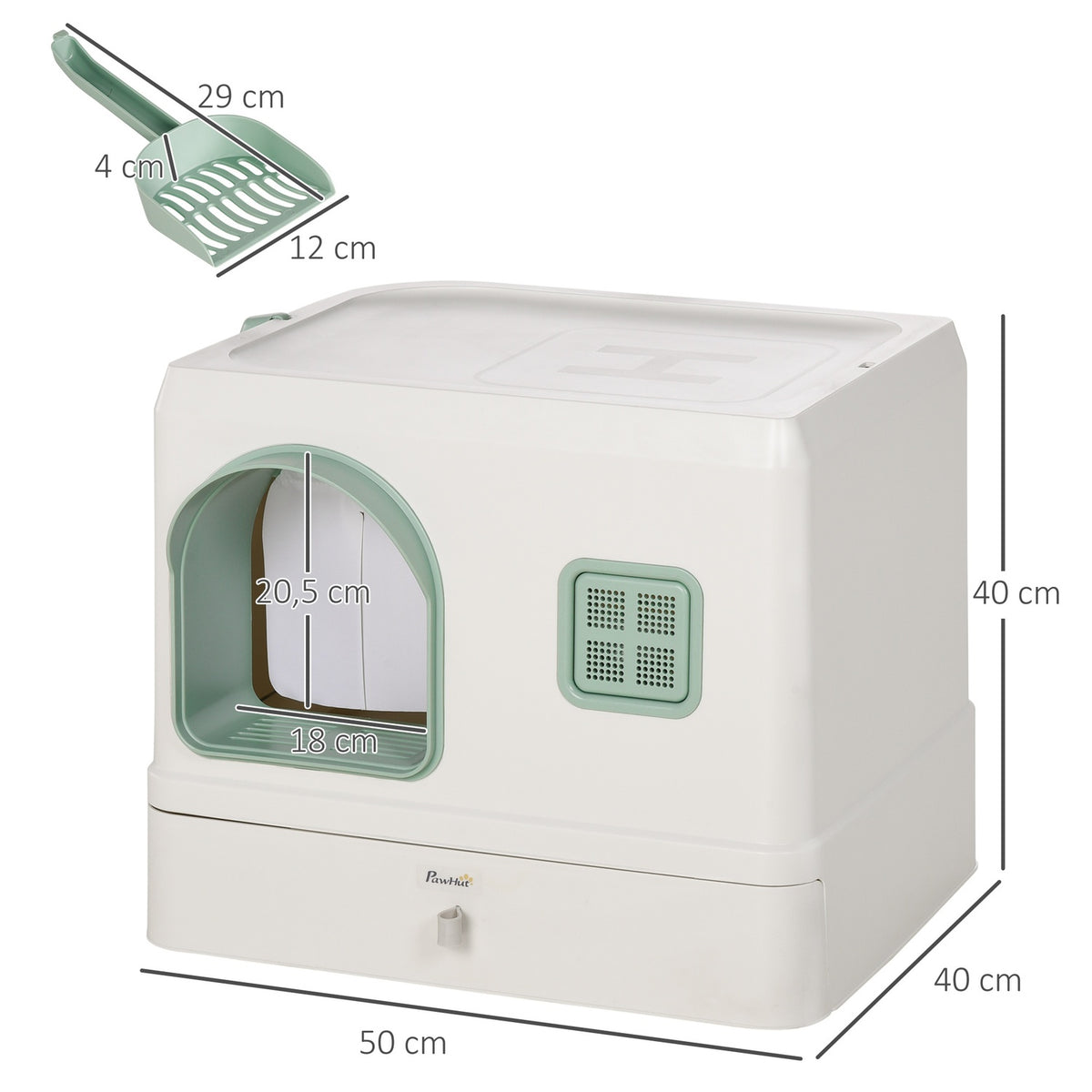 Cat Litter Box Hooded Toilet Shovel Drawer Deodorant White+Green 50X40X40Cm