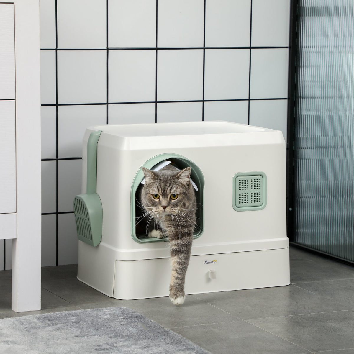 Cat Litter Box Hooded Toilet Shovel Drawer Deodorant White+Green 50X40X40Cm