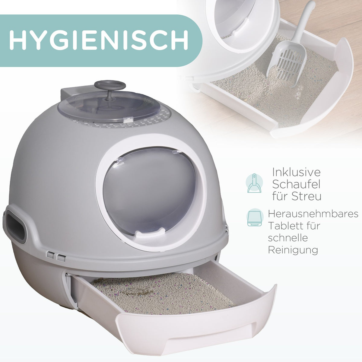 Cat Litter Box With Base Tray, Cat Litter Box With Roof Window, With Shovel, Portable, Pp Abs, Gray, 47 X 55 X 44 Cm