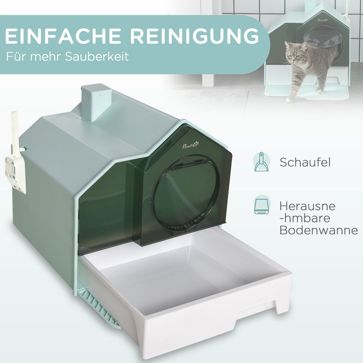 Cat Litter Box With Base Tray, Scoop & Filter, Hooded Toilet, Light Blue, For Cats Up To 5Kg, 47X45X42Cm