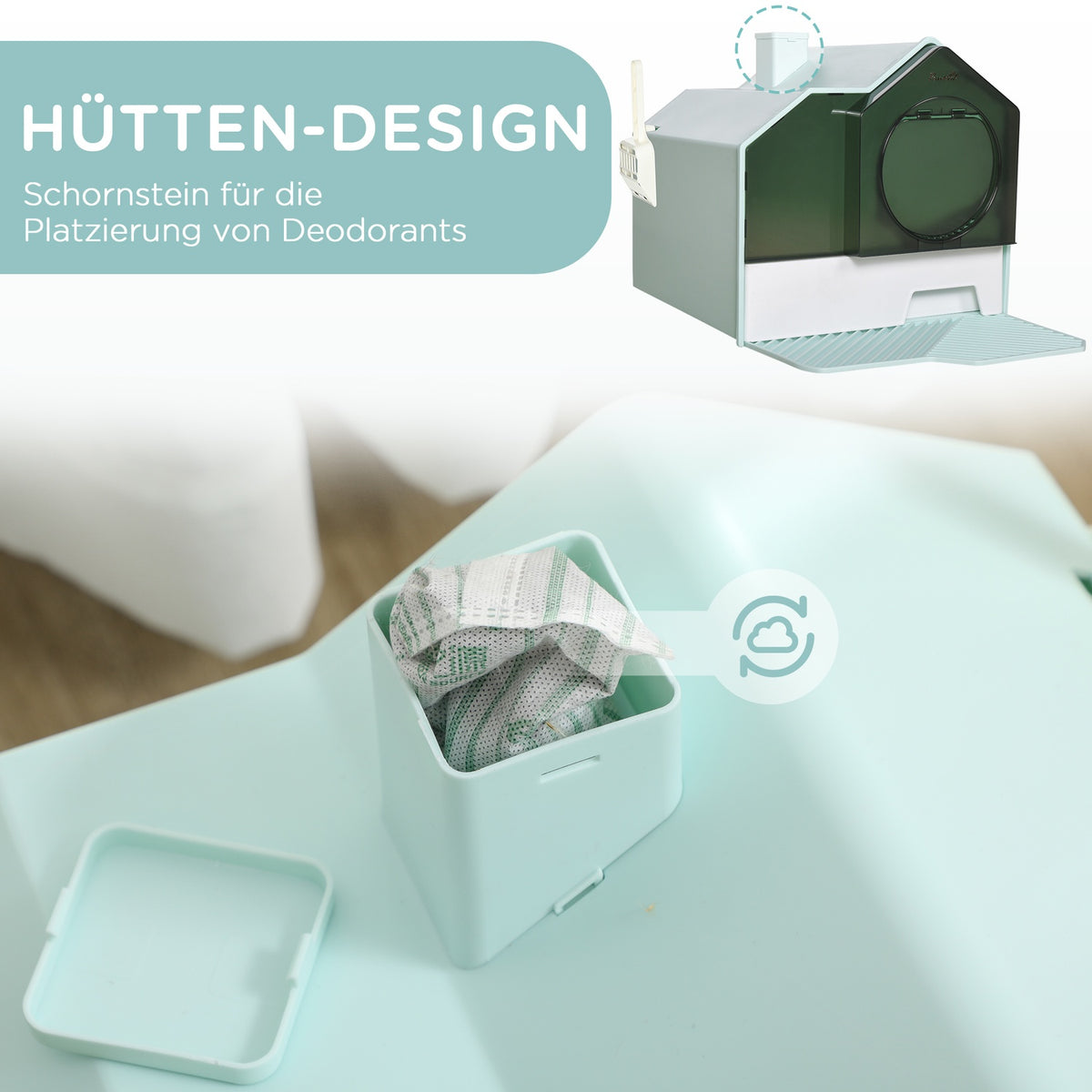 Cat Litter Box With Base Tray, Scoop & Filter, Hooded Toilet, Light Blue, For Cats Up To 5Kg, 47X45X42Cm