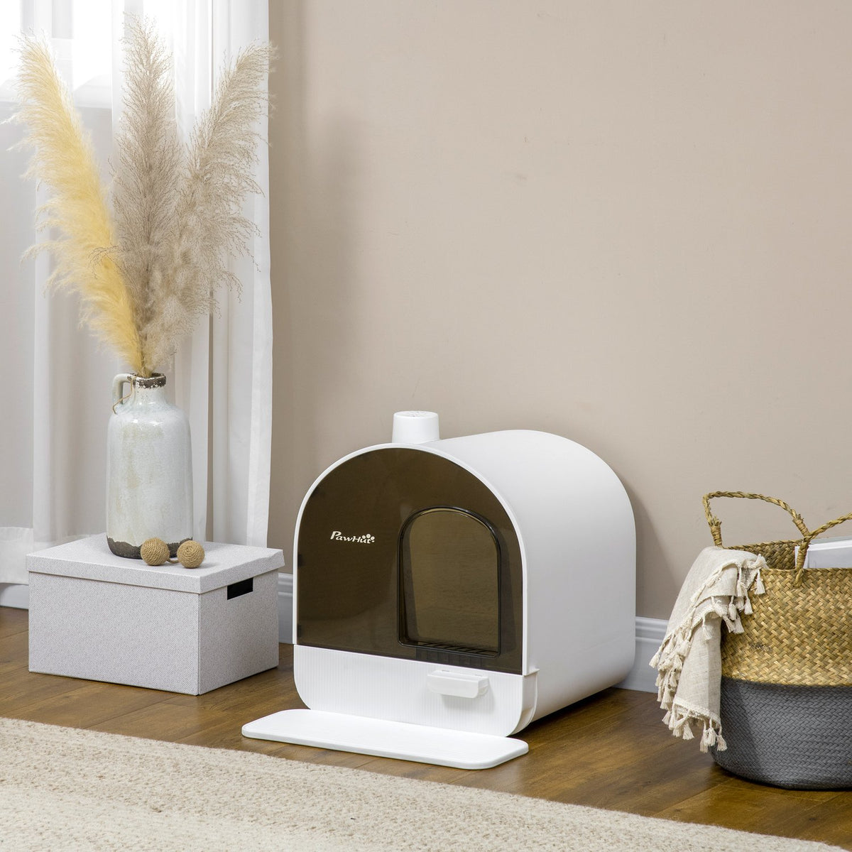Cat Litter Box With Hood Toilet For Cats Up To 5 Kg, With Lid, Cat Litter Mat, Plastic, White, 43X44X47Cm