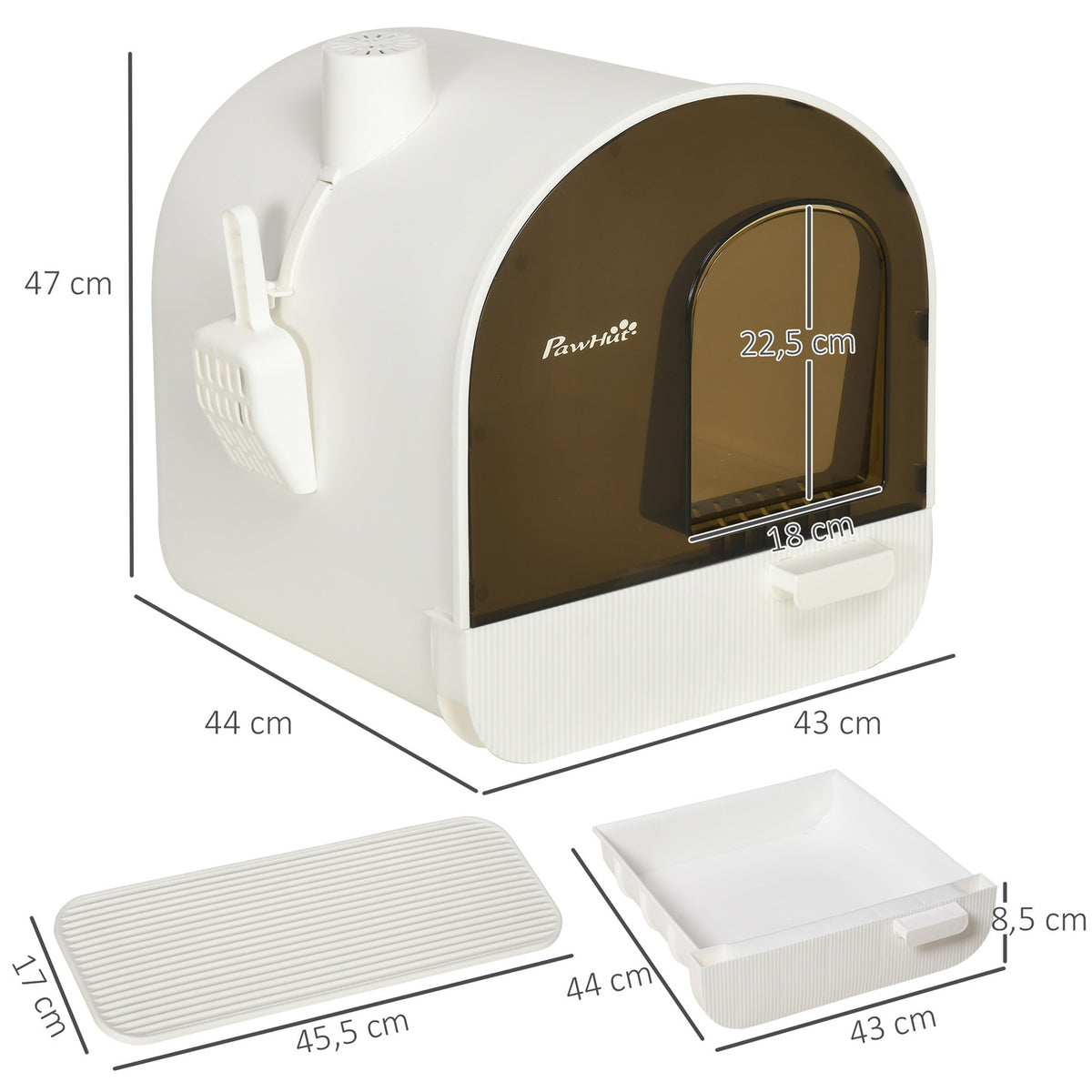 Cat Litter Box With Hood Toilet For Cats Up To 5 Kg, With Lid, Cat Litter Mat, Plastic, White, 43X44X47Cm
