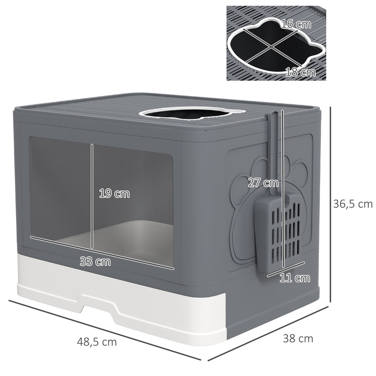 Cat Litter Box With Lid And Scoop For Up To 4 Kg, Indoor, Plastic, Gray, 48.5X38X36.5 Cm