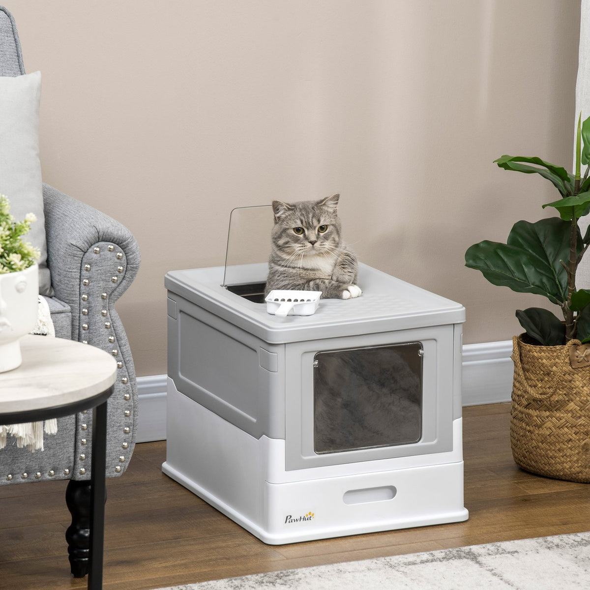 Cat Litter Box With Lid Cat House With Base Tray And Scoop Deodorization Box Plastic White + Gray 47.5 X 35.5 X 36.7 Cm