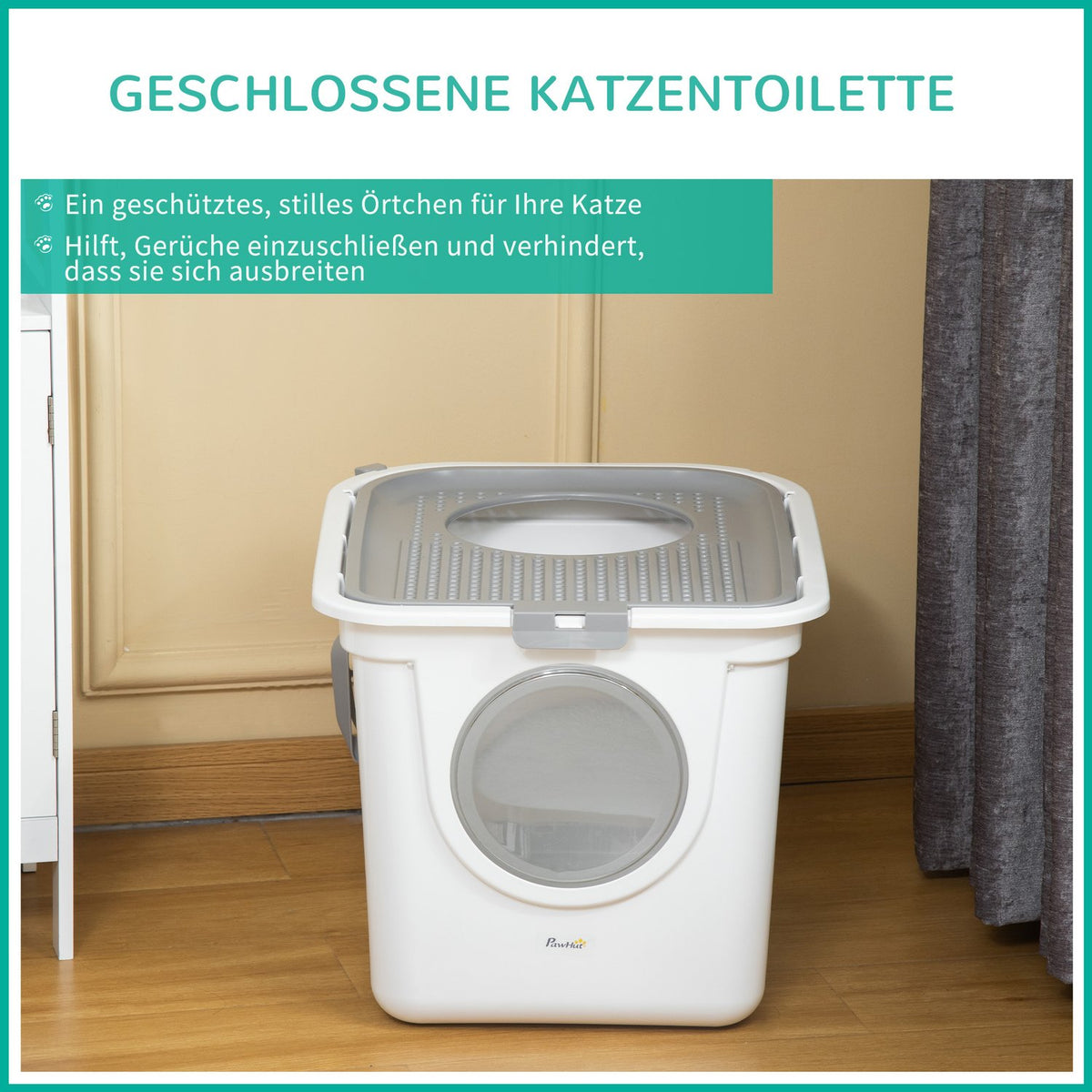 Cat Litter Box With Lid, Litter Box With Scoop, Up To 5 Kg, Indoor, Plastic, Grey+White, 44X55X39Cm
