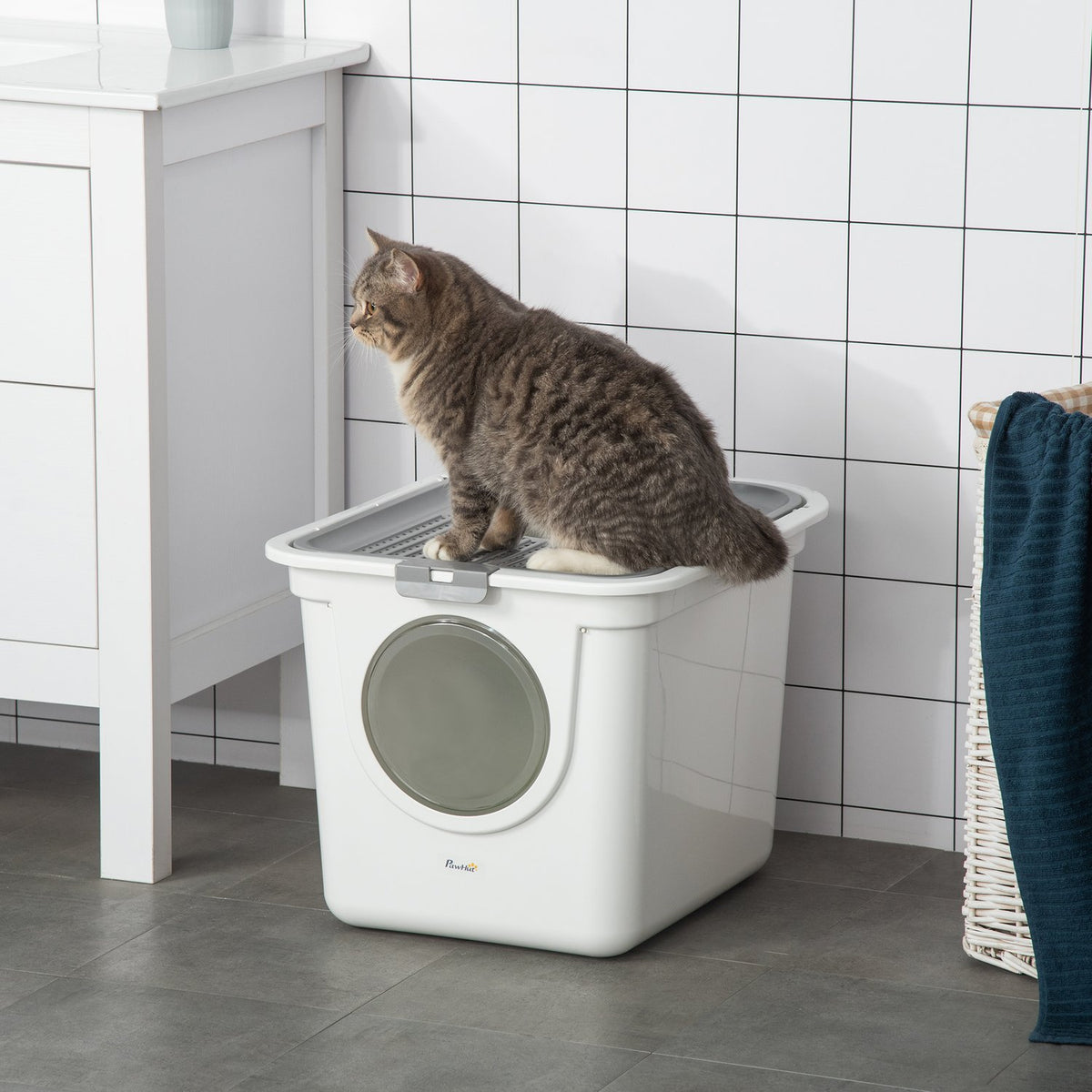 Cat Litter Box With Lid, Litter Box With Scoop, Up To 5 Kg, Indoor, Plastic, Grey+White, 44X55X39Cm