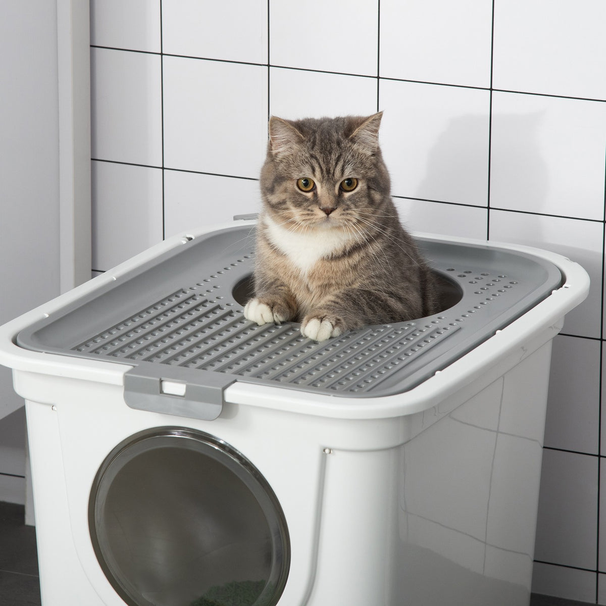 Cat Litter Box With Lid, Litter Box With Scoop, Up To 5 Kg, Indoor, Plastic, Grey+White, 44X55X39Cm