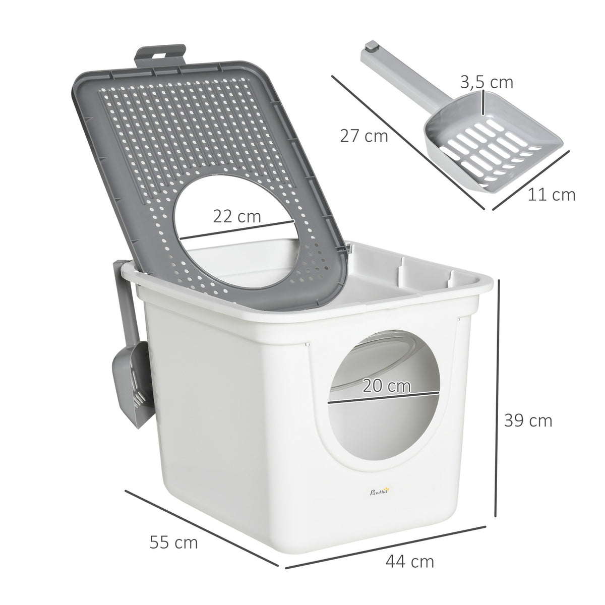 Cat Litter Box With Lid, Litter Box With Scoop, Up To 5 Kg, Indoor, Plastic, Grey+White, 44X55X39Cm