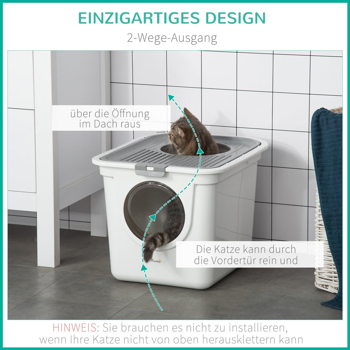 Cat Litter Box With Lid, Litter Box With Scoop, Up To 5 Kg, Indoor, Plastic, Grey+White, 44X55X39Cm