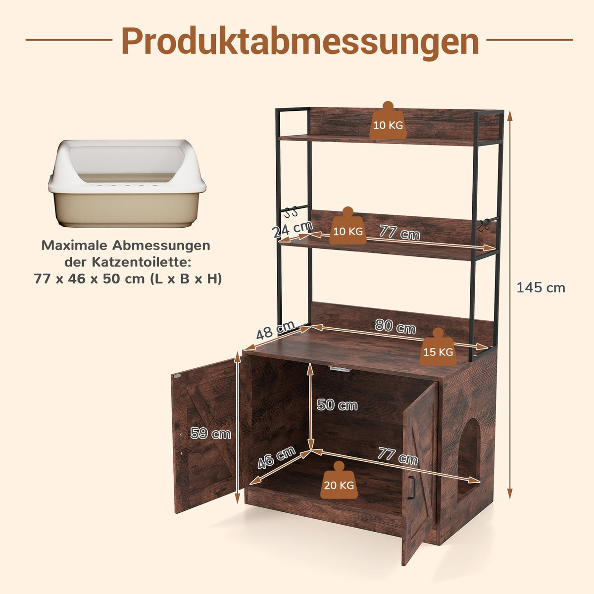 Cat Litter Cabinet with Bookshelf, Brown, 3 Shelves