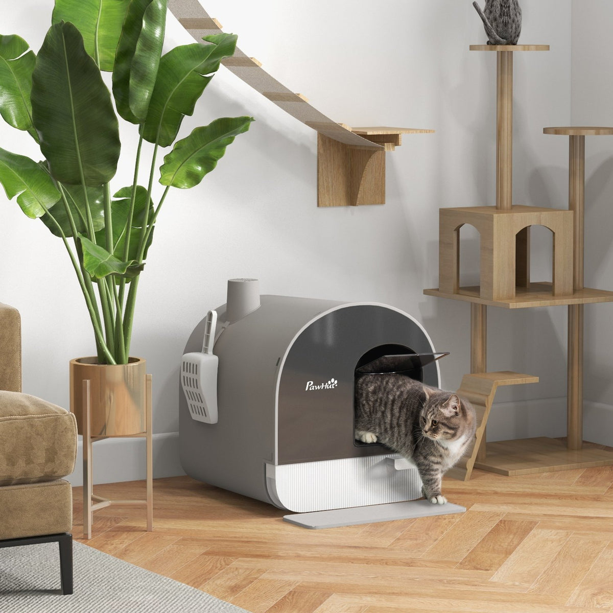 Cat Litter Toilet Cover Up To 5Kg Litter Box Lid Shovel Extendable Tray Cat Litter Mat Plastic Gray 43X44X47Cm