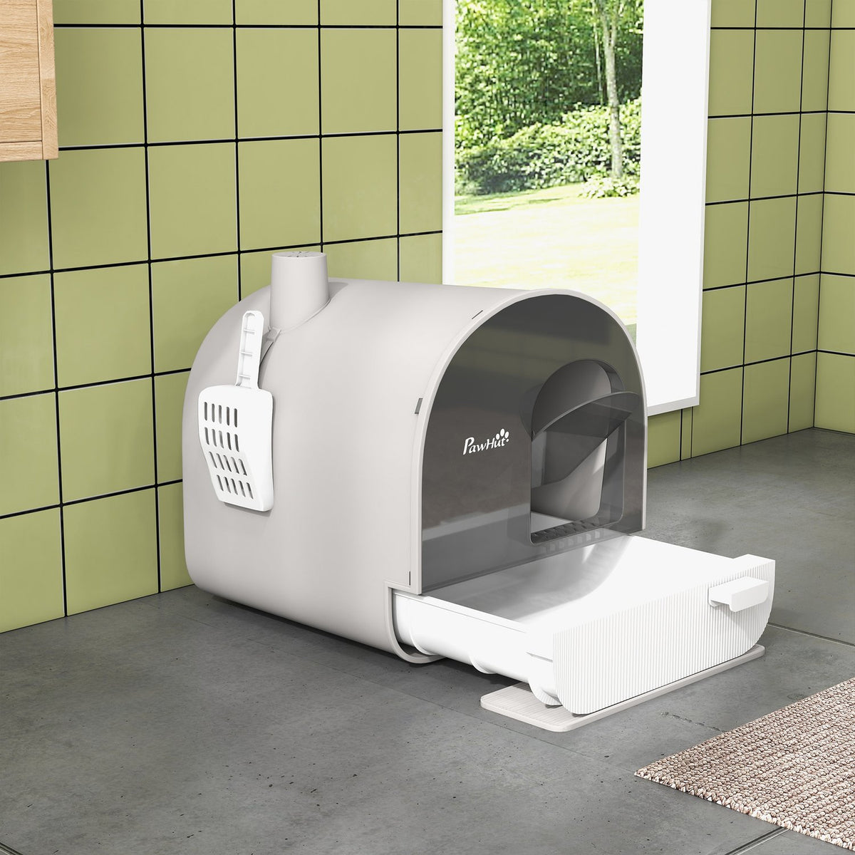 Cat Litter Toilet Cover Up To 5Kg Litter Box Lid Shovel Extendable Tray Cat Litter Mat Plastic Gray 43X44X47Cm