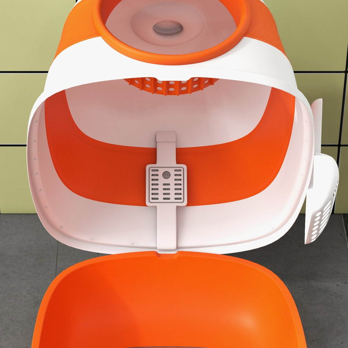 Cat Litter Tray With Lid Cat Litter Tray Deodorant Floor Grid Scoop For Cats Up To 5Kg White Orange 52X41X38Cm