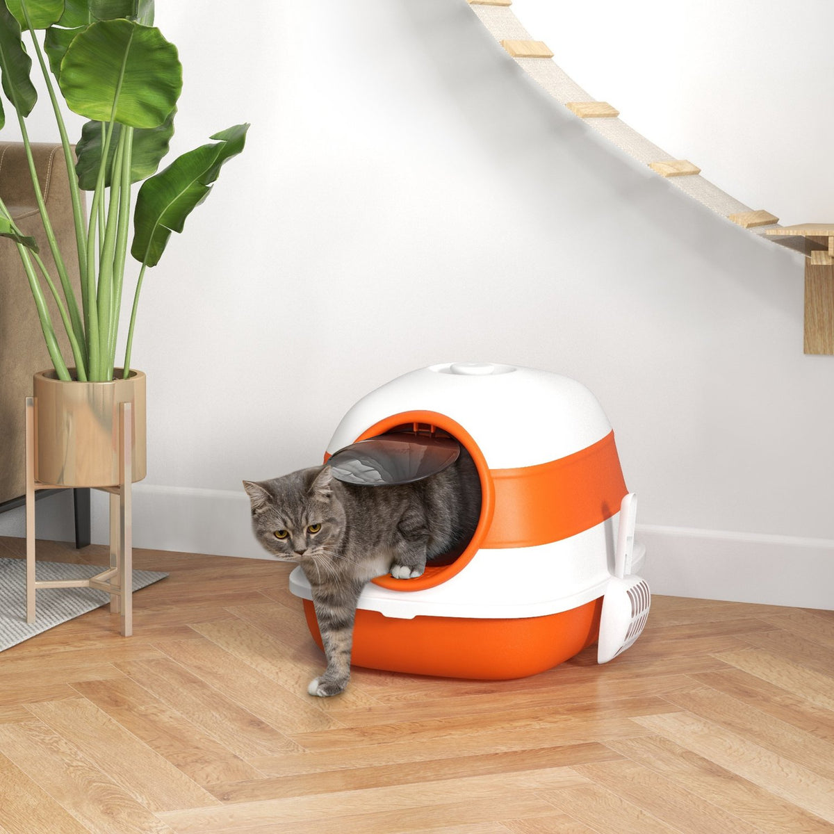 Cat Litter Tray With Lid Cat Litter Tray Deodorant Floor Grid Scoop For Cats Up To 5Kg White Orange 52X41X38Cm