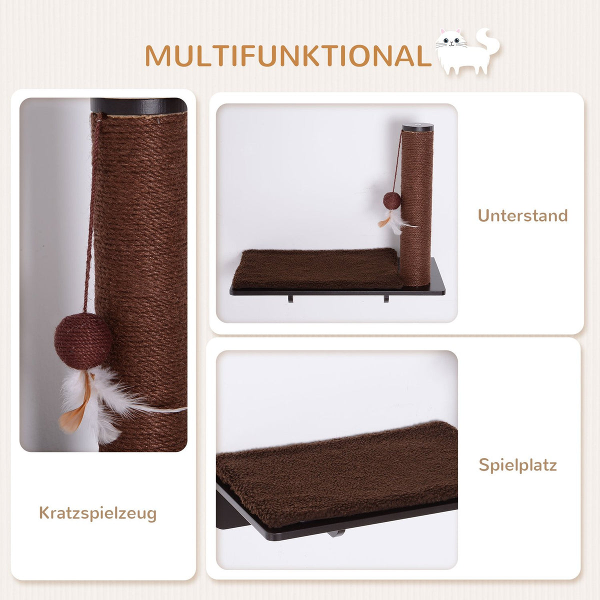 Cat Lounger With Scratching Post Comfortable Cat Shelf, Plush Cushion, Mdf, Brown, 55X30X50Cm