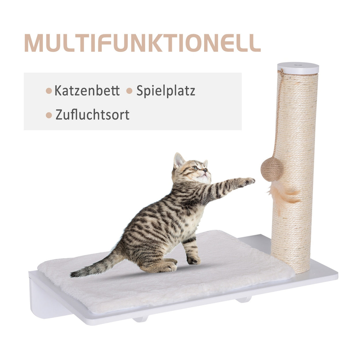 Cat Lounger With Scratching Post Entertaining Cat Shelf With Ball Toy Plush Cushion White 53Cm
