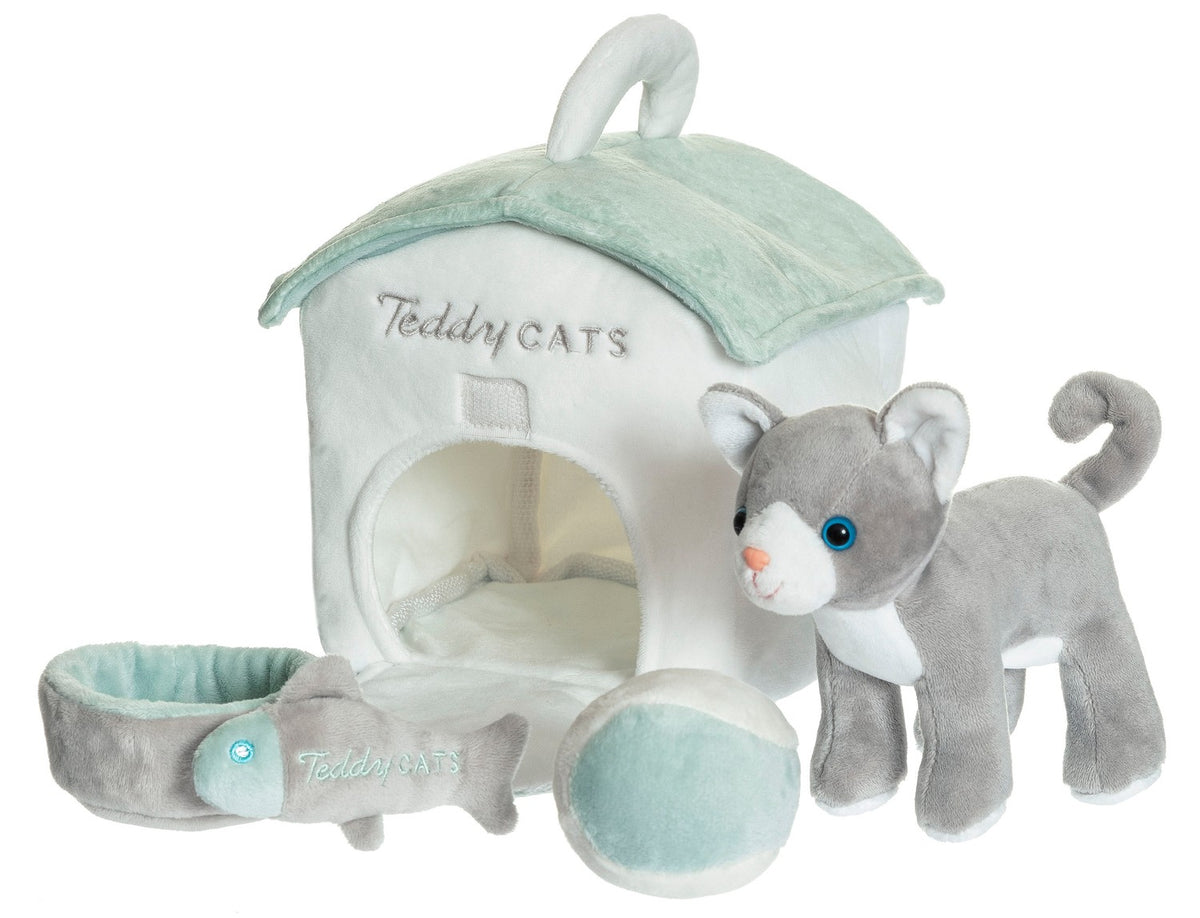 Cat Plush Playset with Box, Bowl, Fish, and Ball