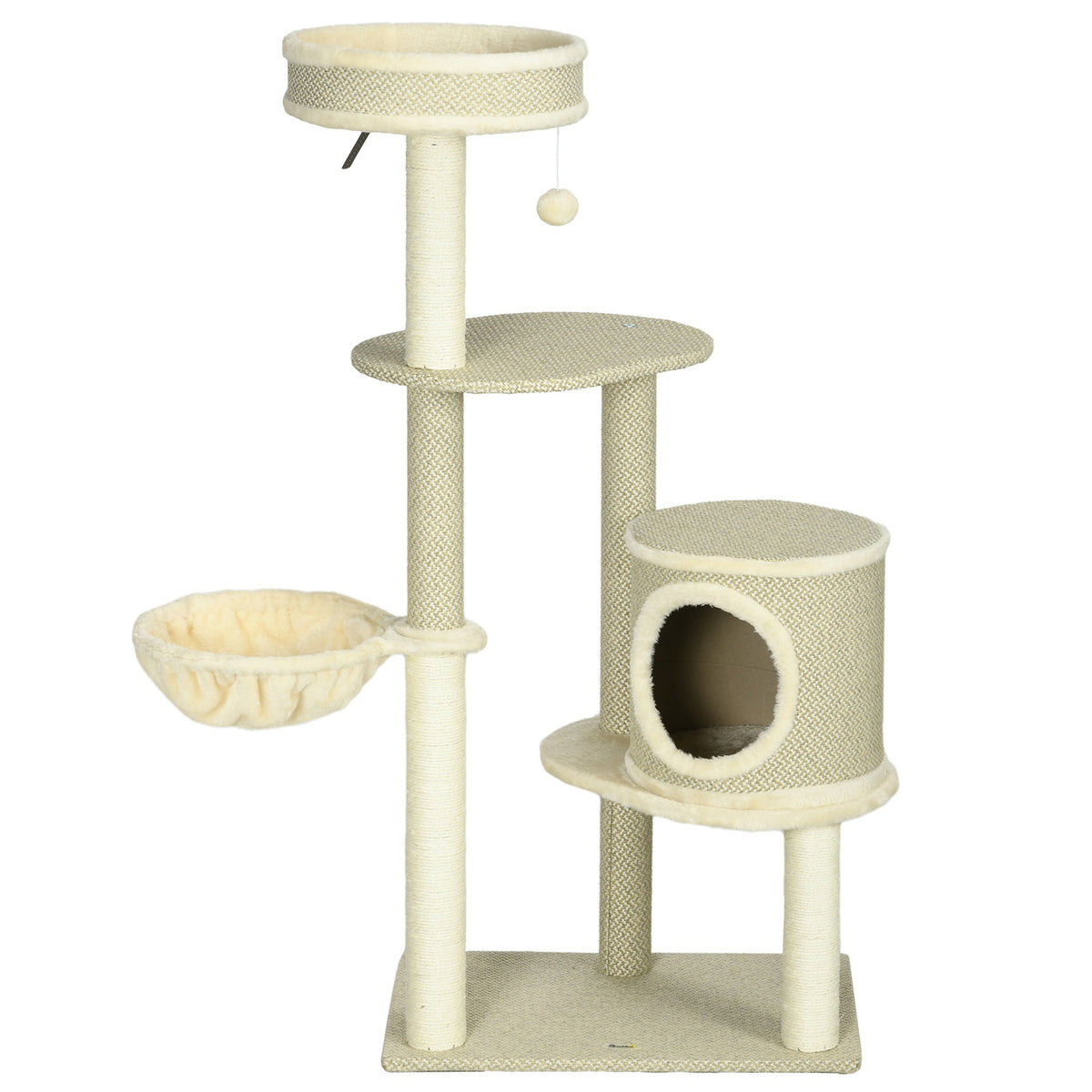 Cat Scratching Post 124Cm With Basket & Play Ball Climbing Tower, 2 Lying Surfaces, For Cats Up To 5Kg