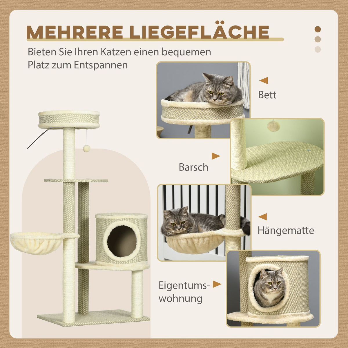 Cat Scratching Post 124Cm With Basket & Play Ball Climbing Tower, 2 Lying Surfaces, For Cats Up To 5Kg