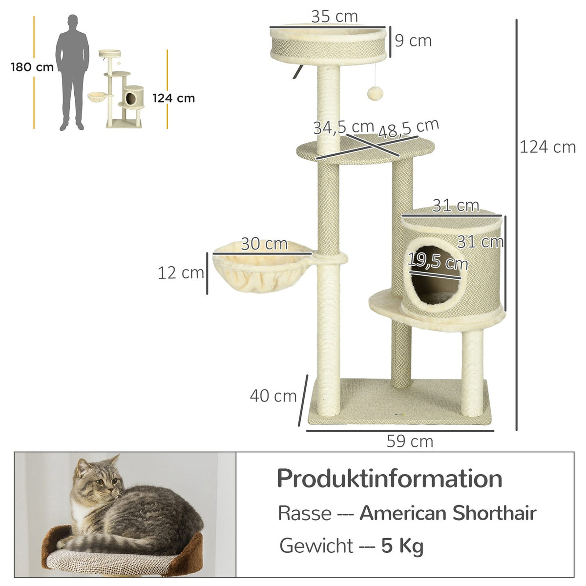 Cat Scratching Post 124Cm With Basket & Play Ball Climbing Tower, 2 Lying Surfaces, For Cats Up To 5Kg