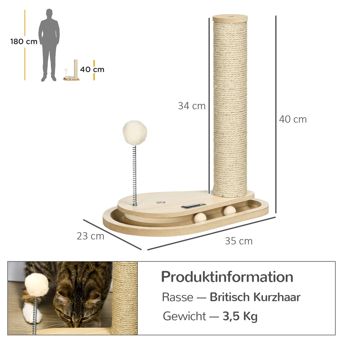 Cat Scratching Post 40 Cm, With Wooden Ball Toy & Turntable, Natural