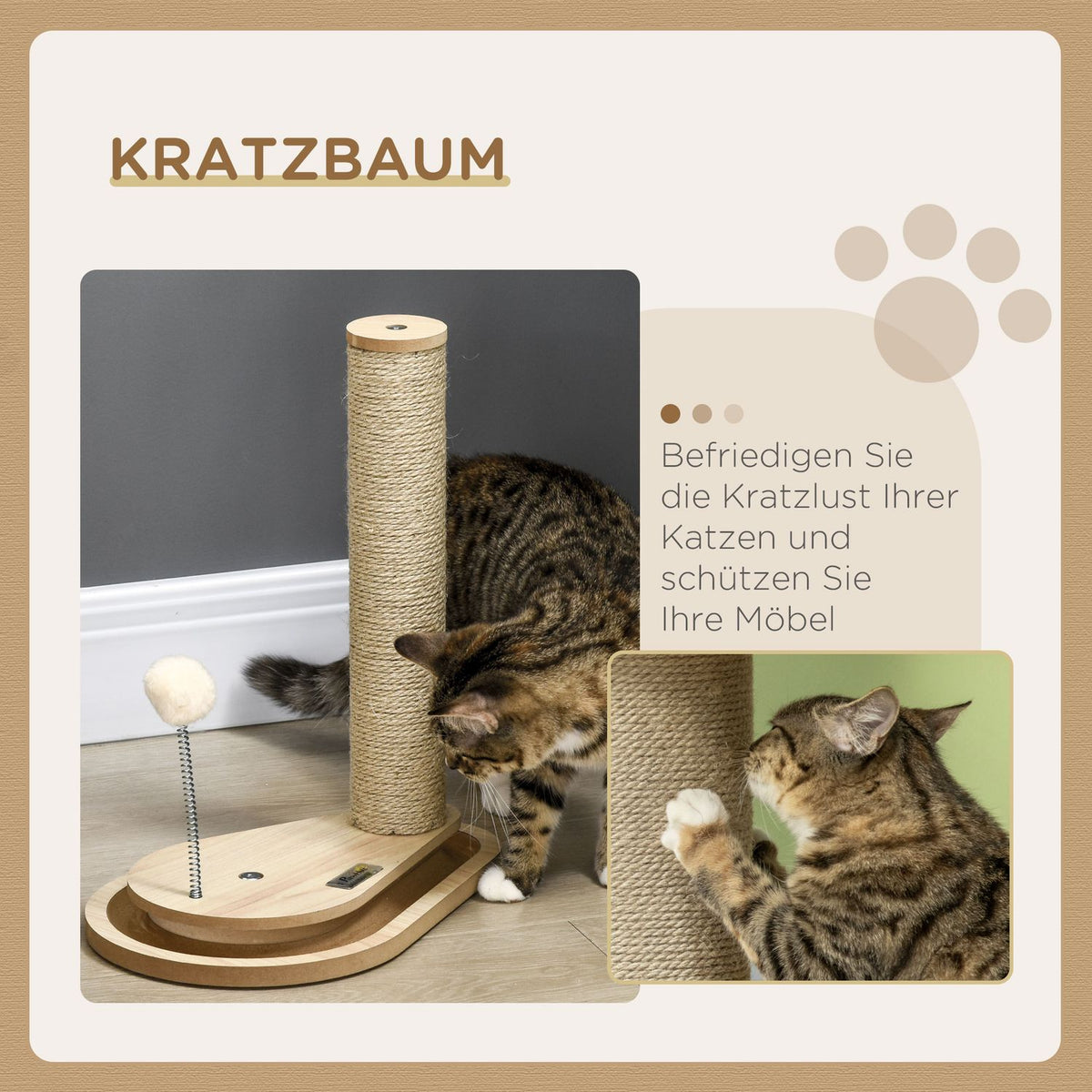 Cat Scratching Post 40 Cm, With Wooden Ball Toy & Turntable, Natural