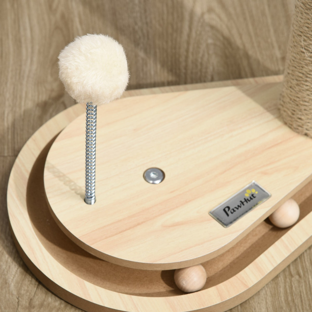 Cat Scratching Post 40 Cm, With Wooden Ball Toy & Turntable, Natural