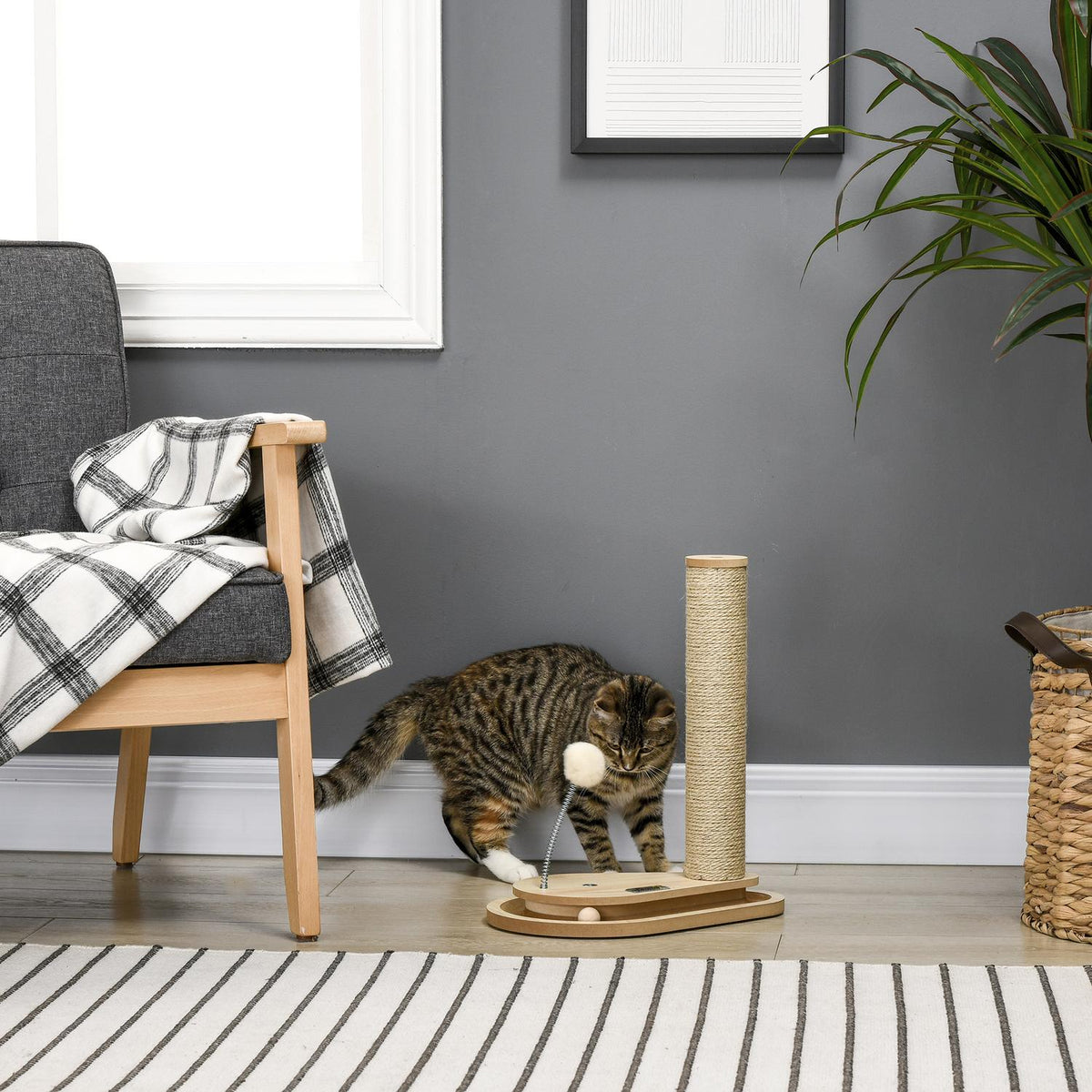 Cat Scratching Post 40 Cm, With Wooden Ball Toy & Turntable, Natural